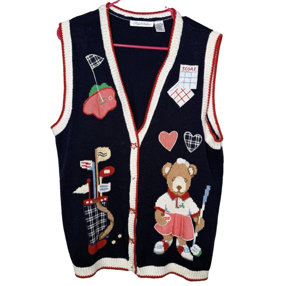 Vintage Robin Sinkler Golf Sweater Vest Womens L Teddy Bear Novelty Cardigan 90s